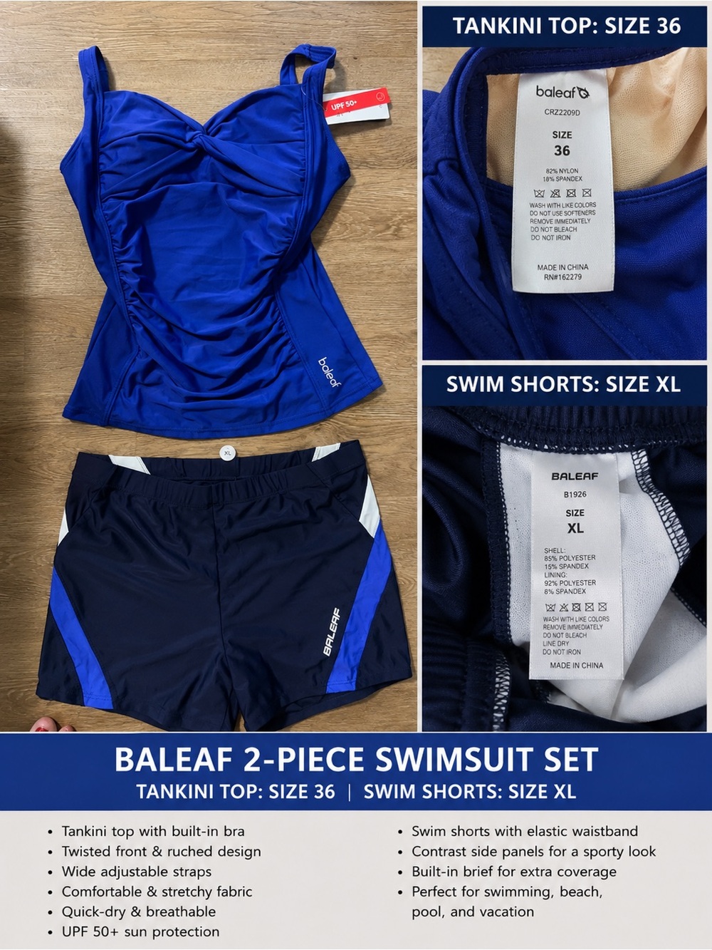 Baleaf Royal Blue Tankini Top with Navy Swim Shorts Set